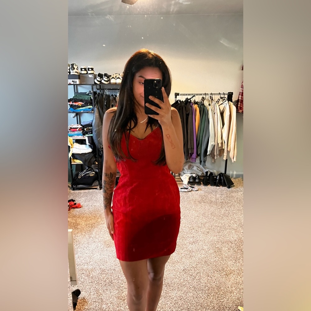 Vintage red suede leather spaghetti strap dress by Wilsons.